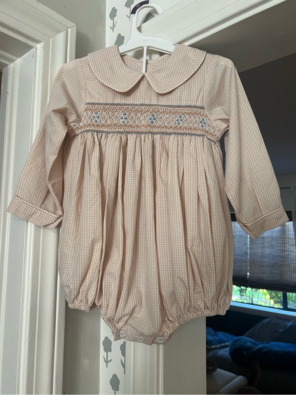 Remember Nguyen Smocked tan Gingham Bubble Romper
